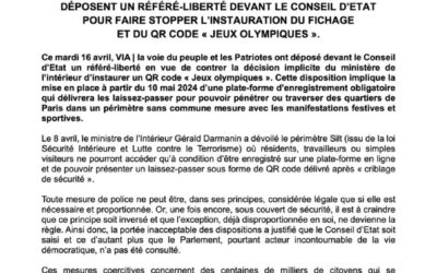 [Communiqué de presse] Dépôt d&rsquo;un référé auprès du Conseil d&rsquo;Etat contre le fichage prévu lors des JO 2024