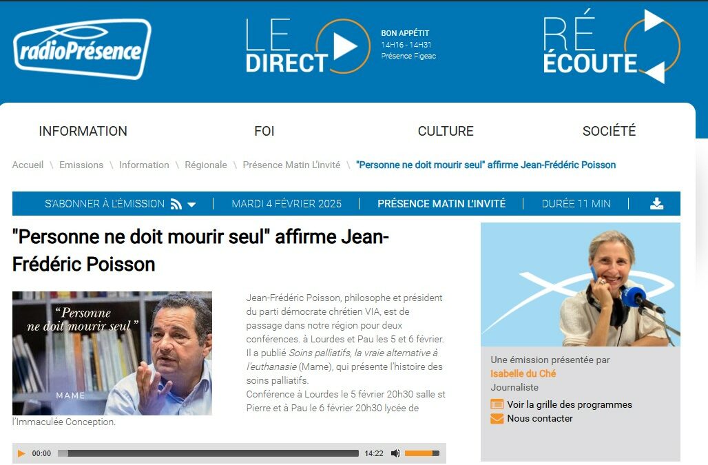 [Médias] « Personne ne doit mourir seul », interview de Jean-Frédéric Poisson sur Radio Présence